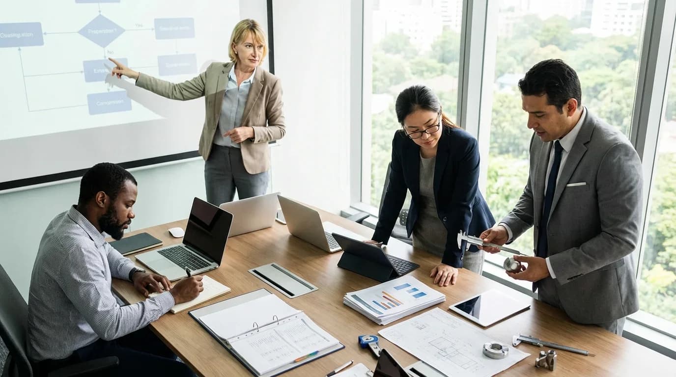 A diverse group of professionals collaborates in a bright conference room, analyzing data and discussing quality assurance strategies.