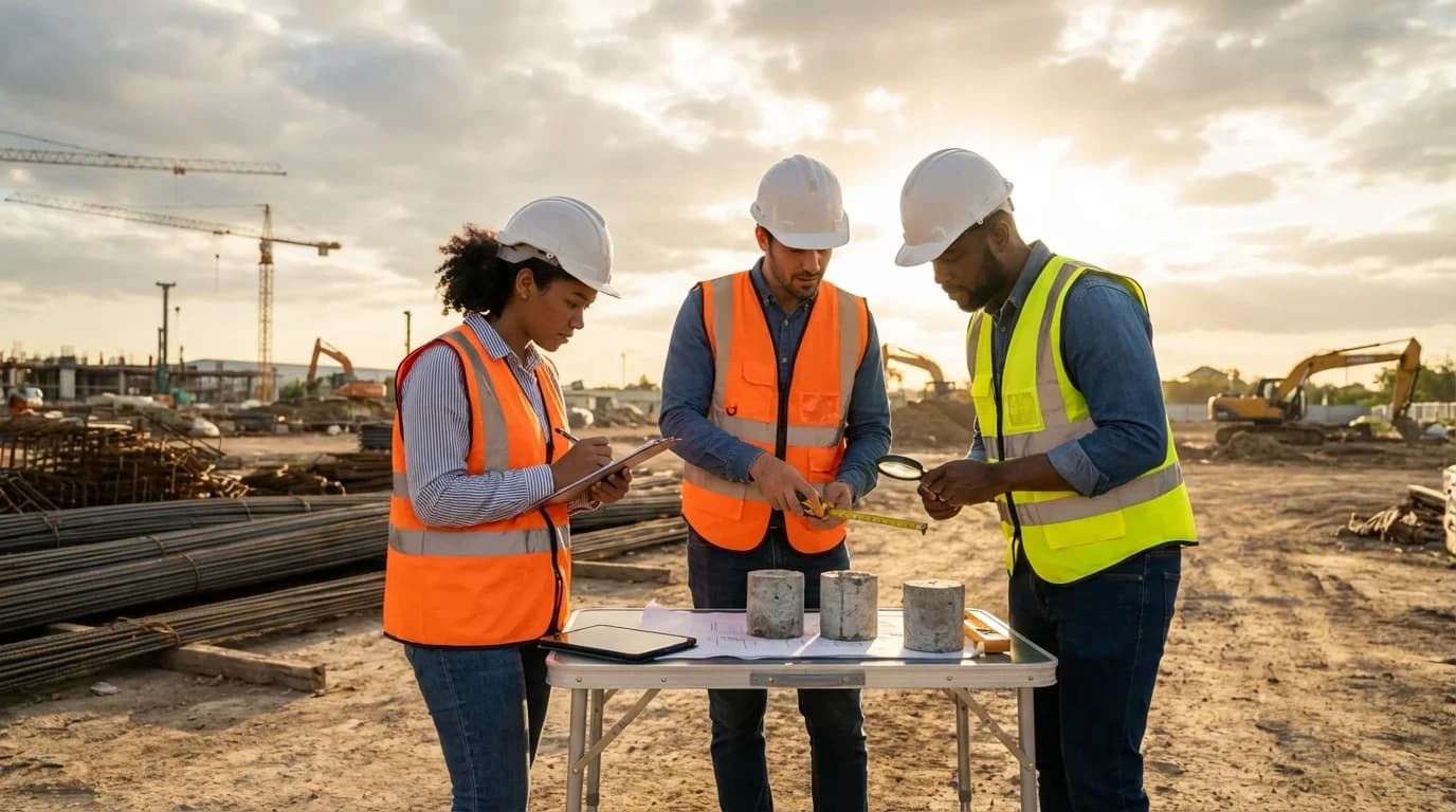 Three construction professionals in safety gear examine concrete samples and notes at a construction site, emphasizing quality control training.