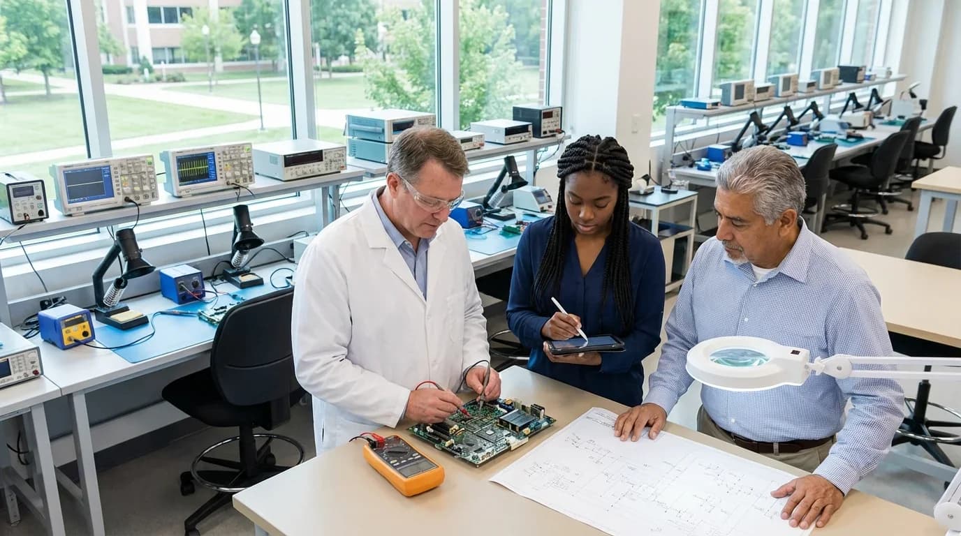 Three professionals collaborate in a modern lab, examining a circuit board and technical drawings, highlighting hands-on learning in quality control.