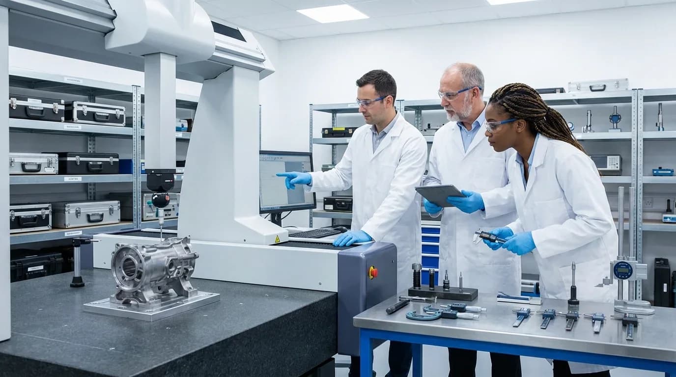 Three professionals in lab coats examine mechanical components and equipment in a quality control lab, emphasizing practical training in QC techniques.