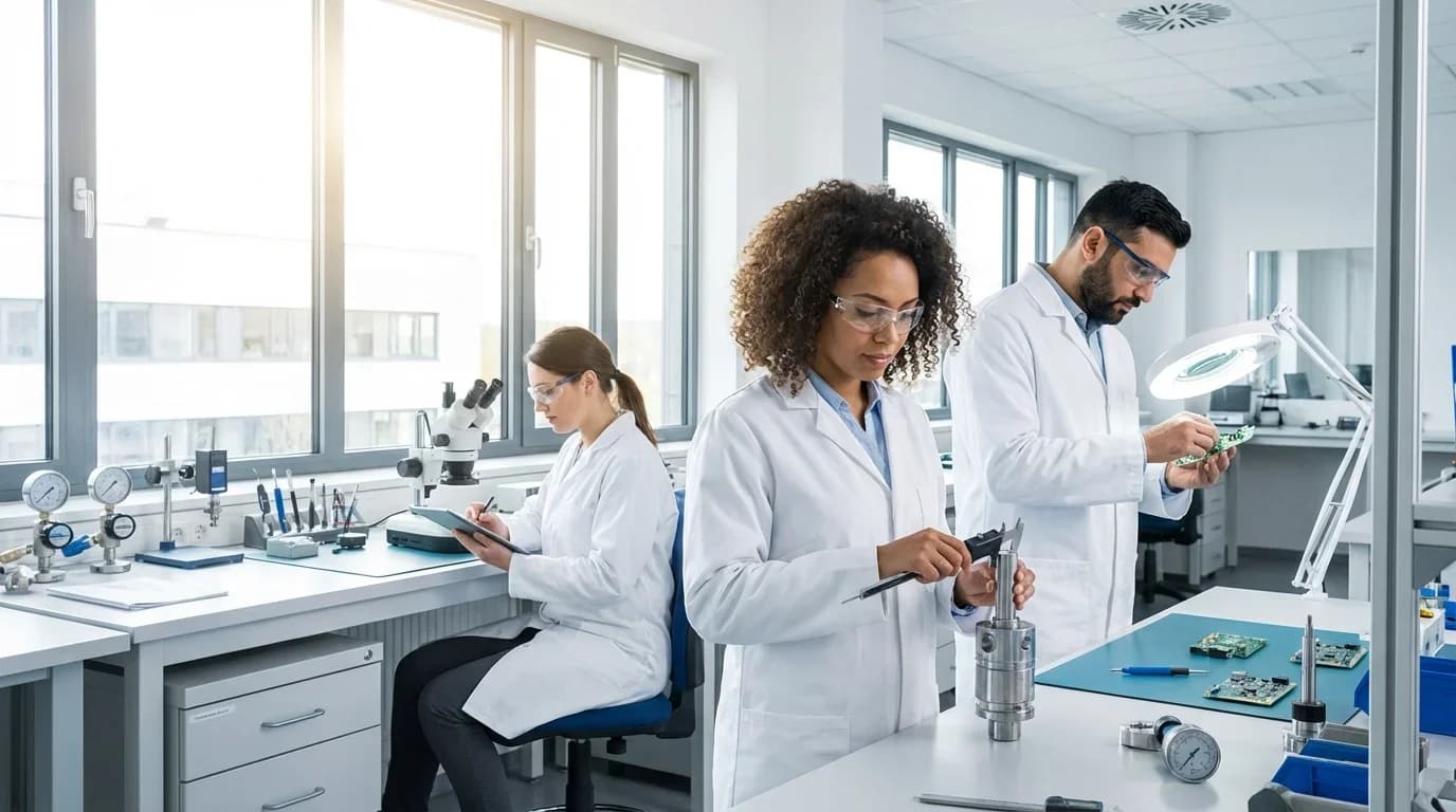 Three professionals in lab coats work in a bright laboratory, using precision tools and equipment to ensure quality control in technical processes.