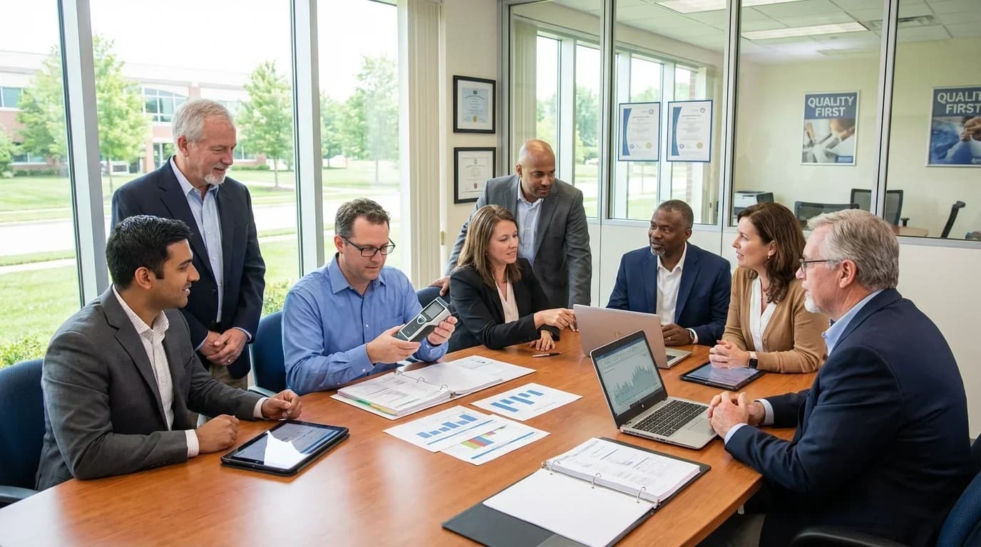 A diverse group of professionals collaborates around a conference table, discussing quality assurance strategies with laptops and documents in a bright office…