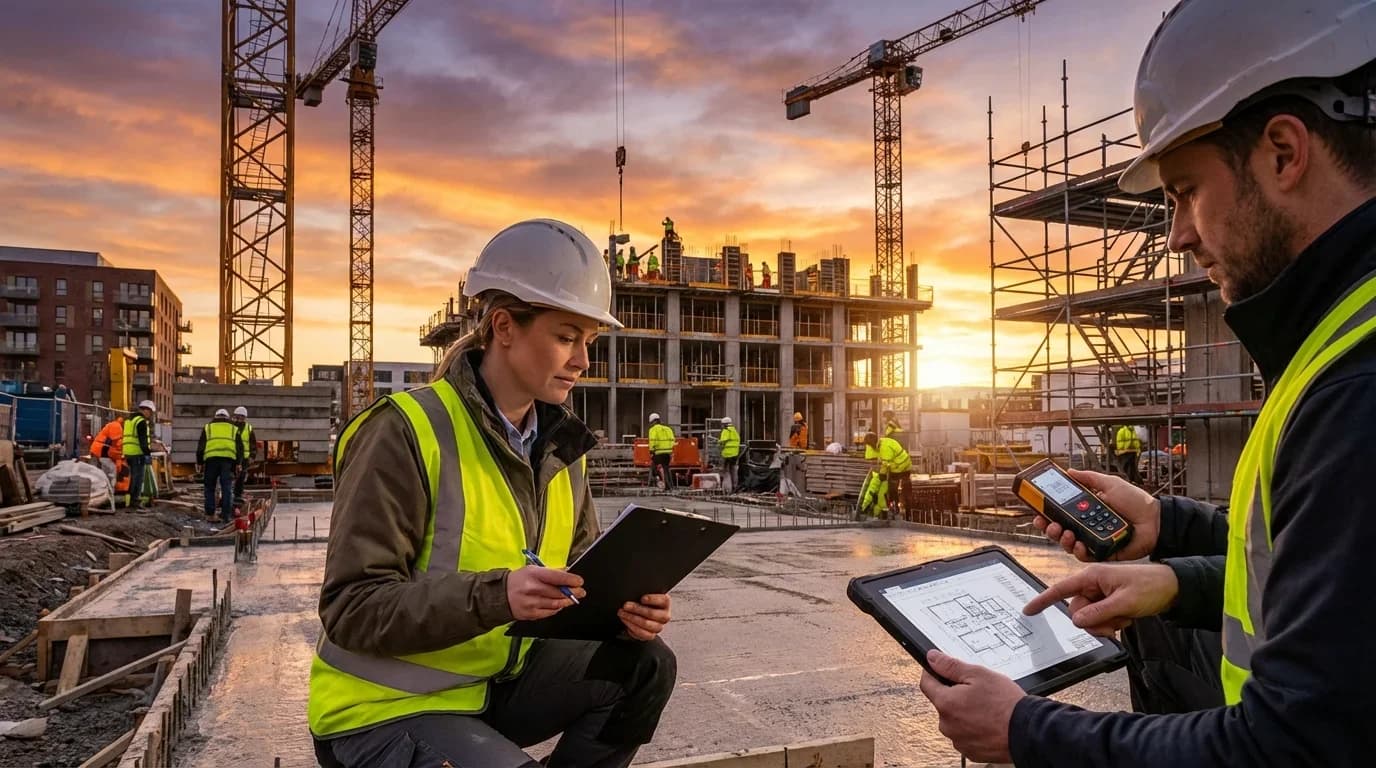 Construction workers in safety gear collaborate on-site, reviewing plans and quality control measures during a project at sunset.