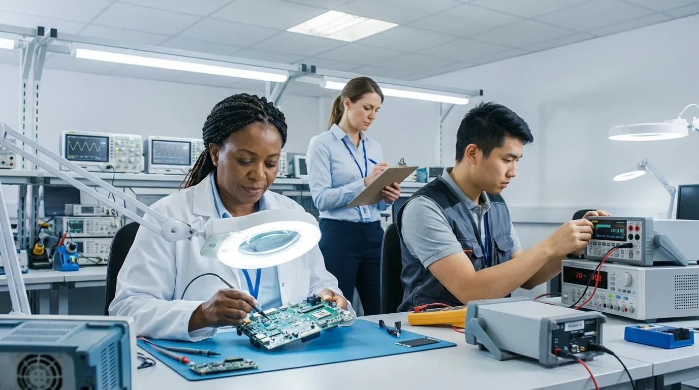 Three individuals work in a modern lab, focused on electronics testing and quality control, highlighting hands-on training in electrical quality assurance.