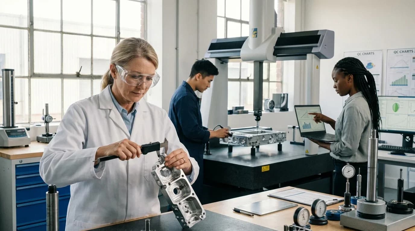 A diverse group of professionals in a quality control lab, using precision tools and technology to analyze mechanical components.