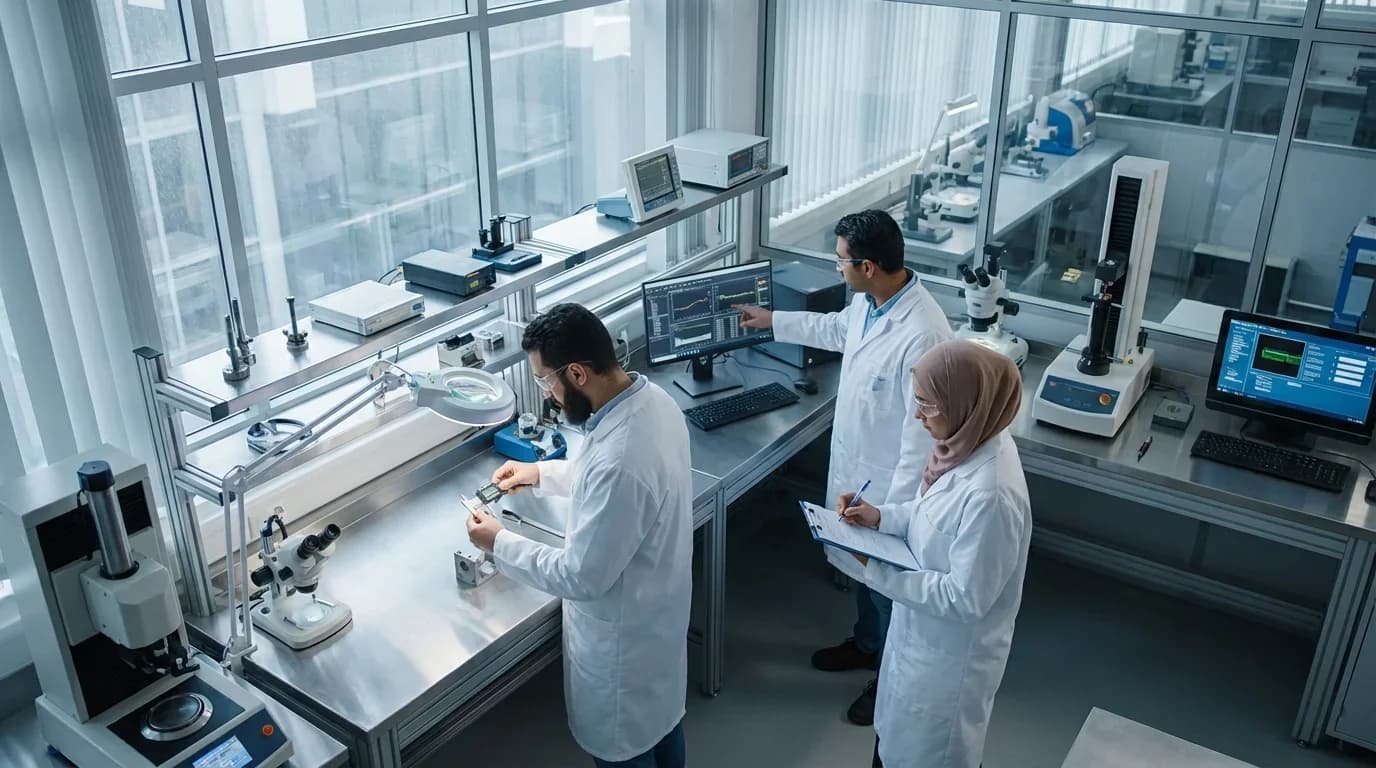 Three professionals in lab coats collaborate in a modern laboratory, using equipment and computers to enhance quality control skills for the QC diploma.