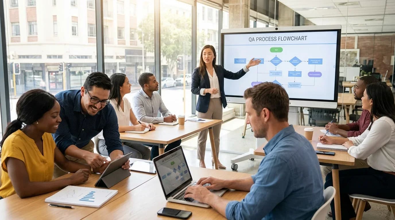 A diverse group of professionals engaged in a quality assurance training session, discussing a flowchart displayed on a screen in a modern office setting.