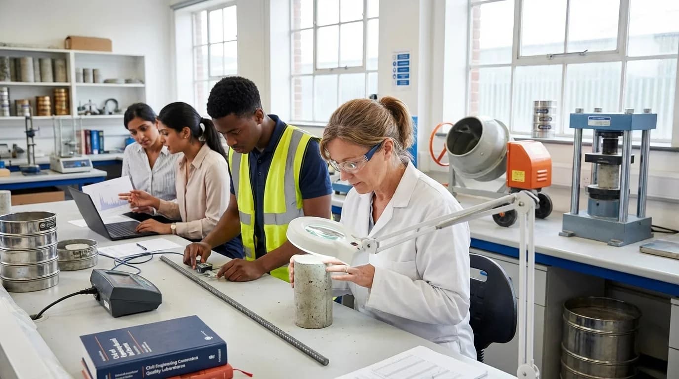 A diverse group of students conducts quality control experiments in a lab, analyzing materials and using equipment relevant to civil engineering.