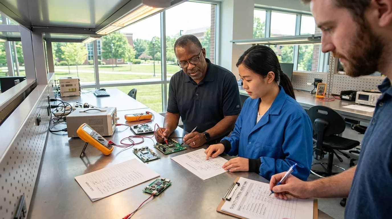 Three individuals engage in hands-on training with electrical circuit boards and testing equipment in a well-lit lab setting, emphasizing quality control skill…