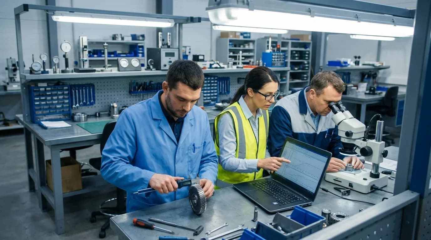 Three professionals in a lab setting engage in quality control tasks, using tools and a microscope, illustrating hands-on training for the QC diploma.