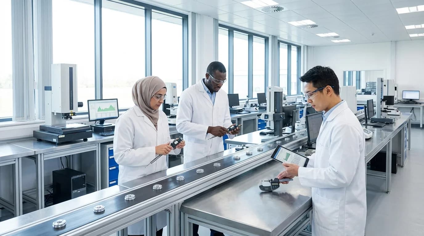 Three professionals in lab coats use precision measuring tools in a bright, modern laboratory, emphasizing quality control training.
