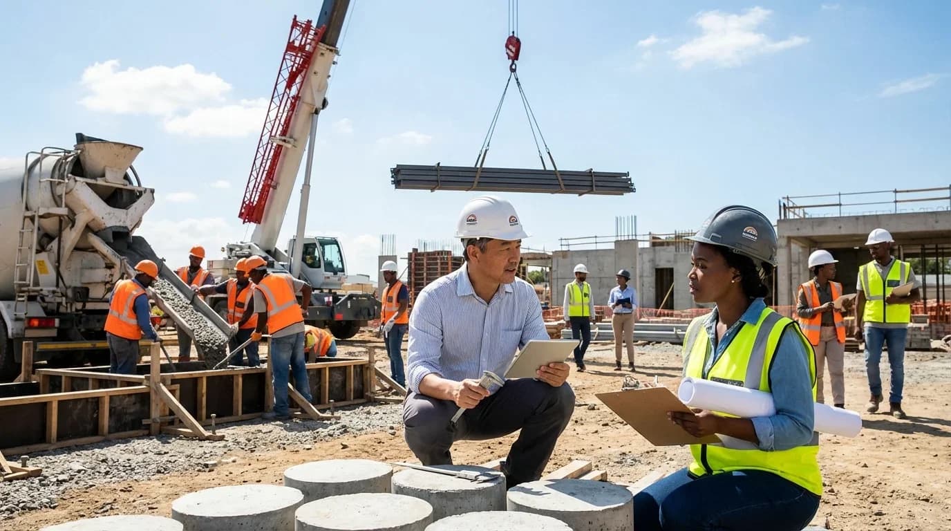 Construction site with workers in safety gear discussing quality control, showcasing teamwork and practical application of the Level 5 Diploma in Quality Contr…