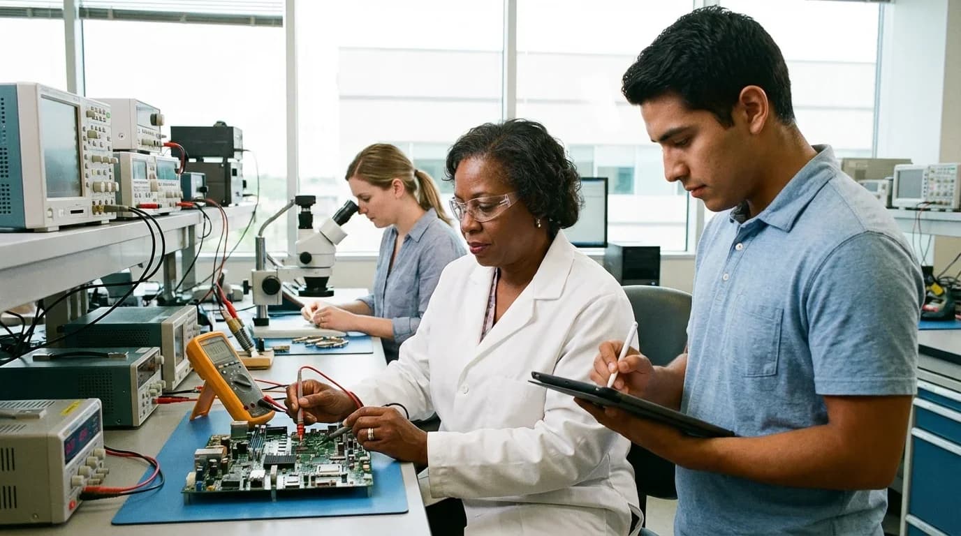 Three individuals in a lab setting engage in hands-on training with electrical equipment, emphasizing practical skills in quality control.