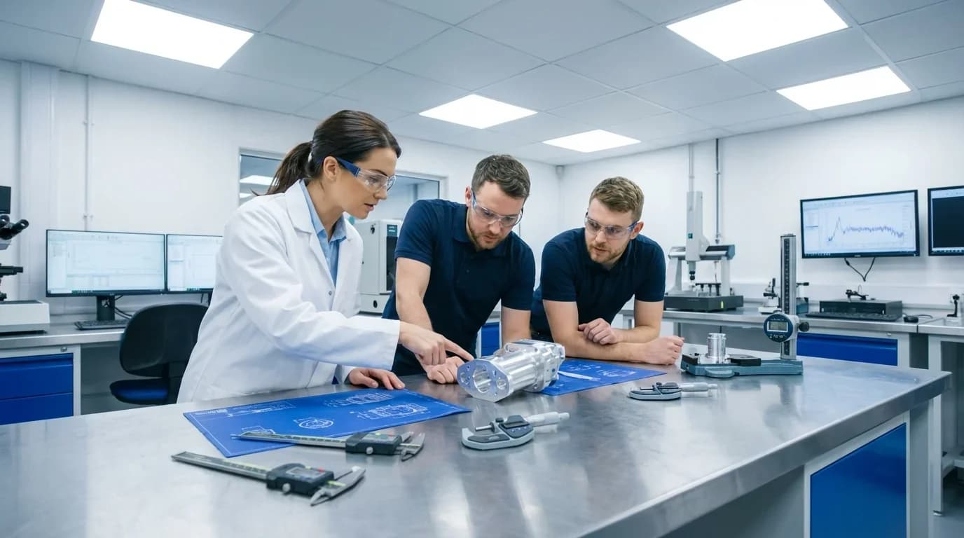 A female instructor guides two male students in a lab, examining mechanical components and blueprints, highlighting practical quality control training.