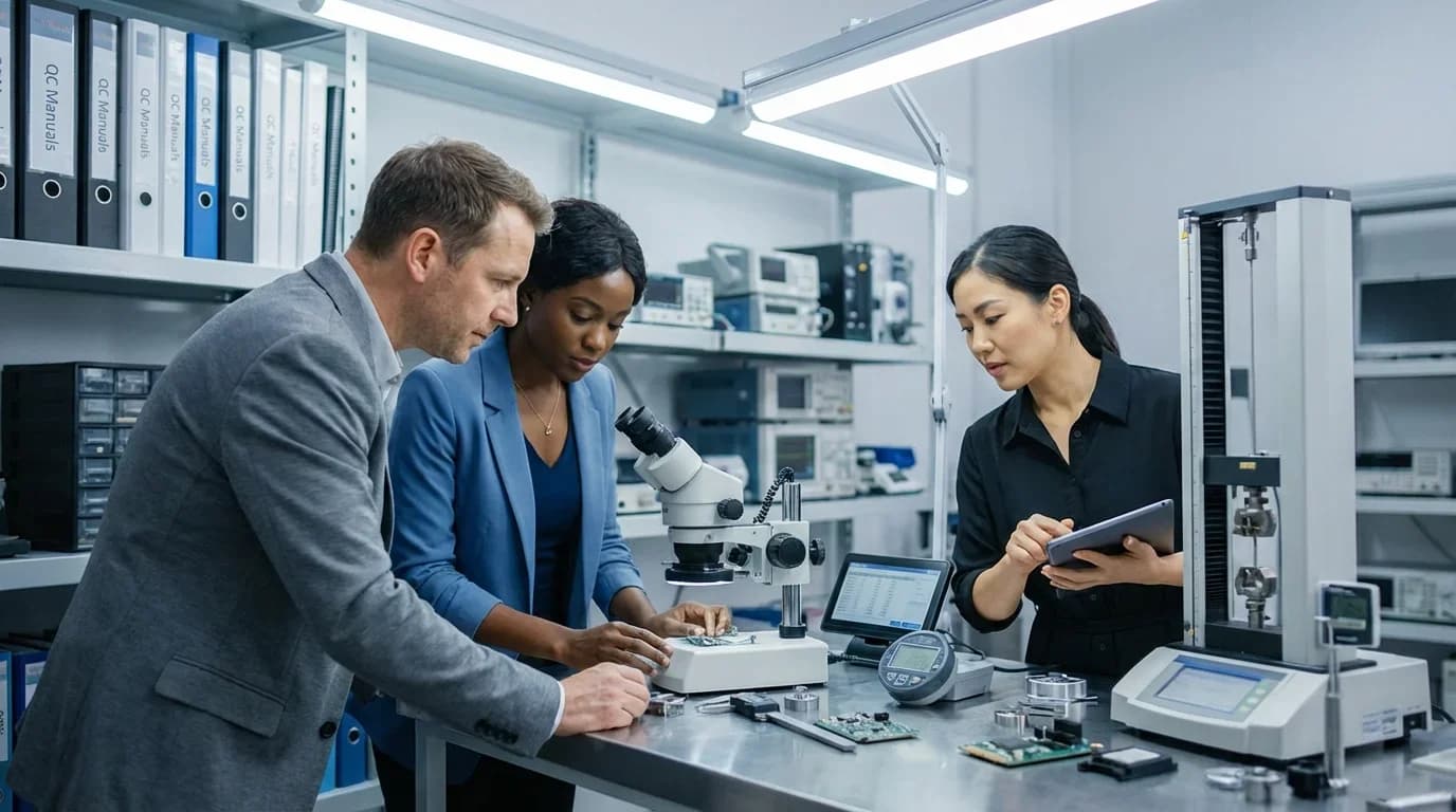 Three professionals collaborate in a lab setting, examining equipment and data, highlighting the hands-on approach of the Quality Control training course.