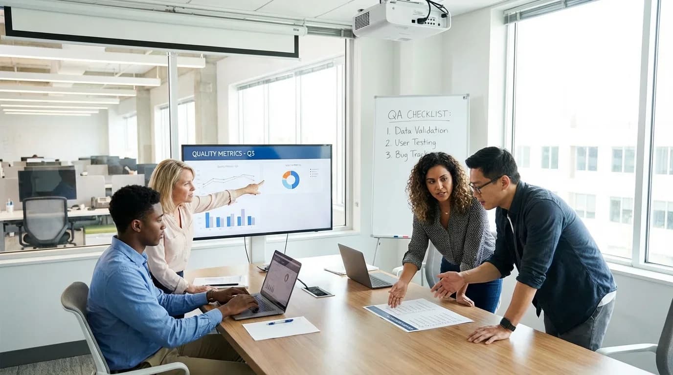 A diverse group of professionals collaborates in a bright conference room, discussing quality metrics and QA strategies using a projector and laptops.
