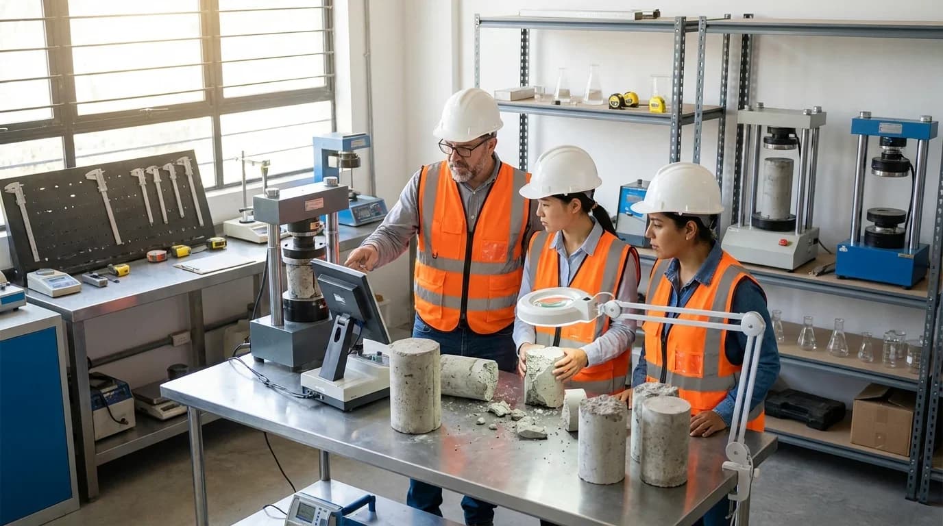 Three professionals in safety gear examine concrete samples using testing equipment in a quality control lab, reflecting hands-on training in civil QC.