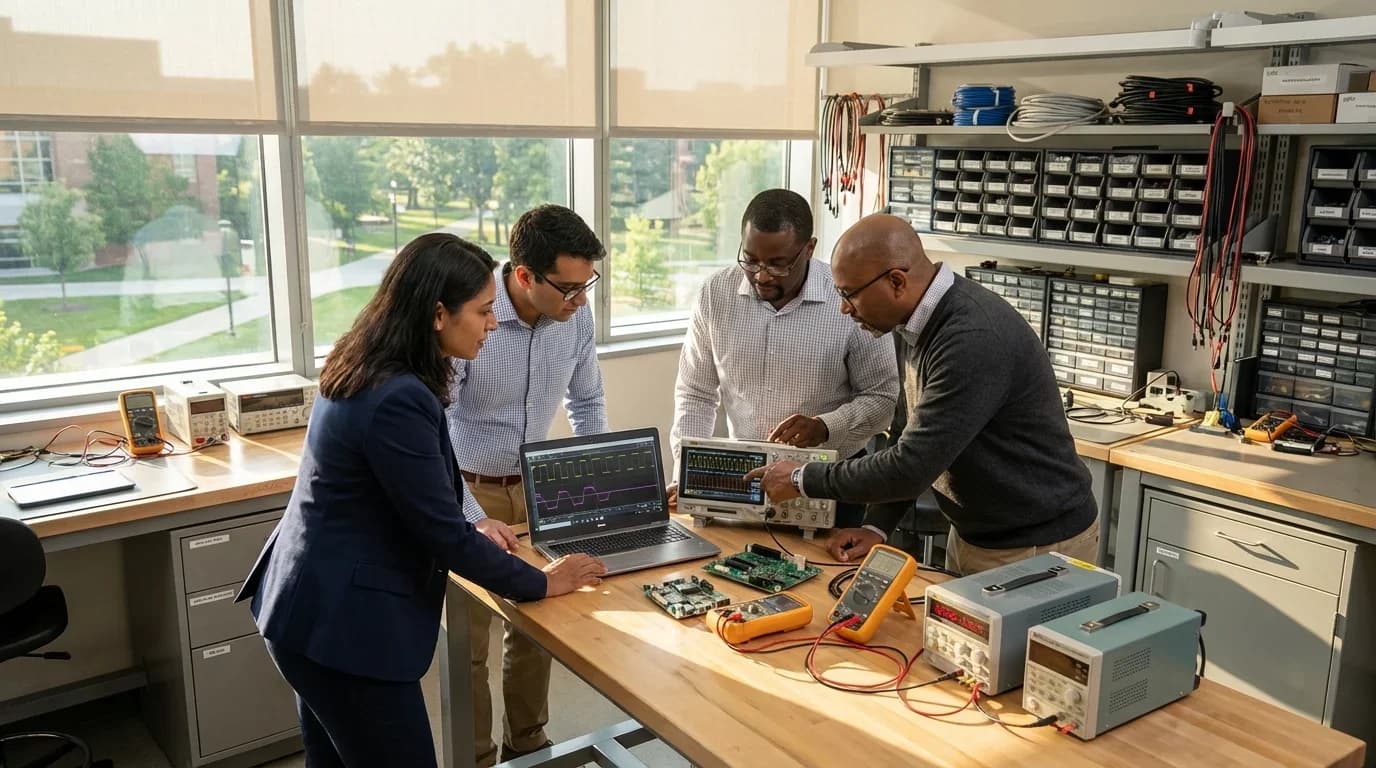 A diverse group of professionals collaborates in a well-equipped lab, analyzing electrical components and data on a laptop, highlighting quality control traini…