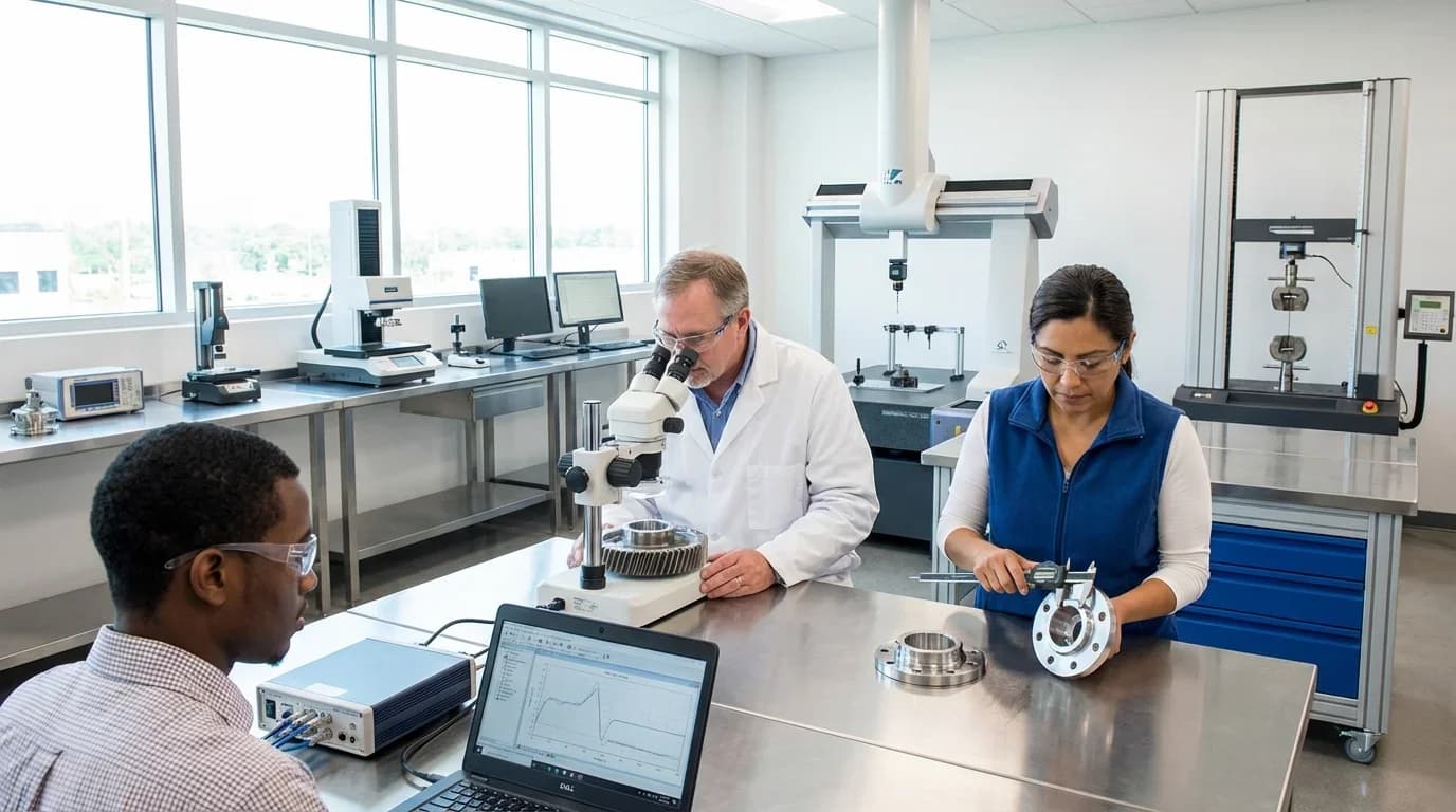 Three professionals engaged in quality control tasks in a modern lab, using precision tools and equipment to analyze mechanical components.