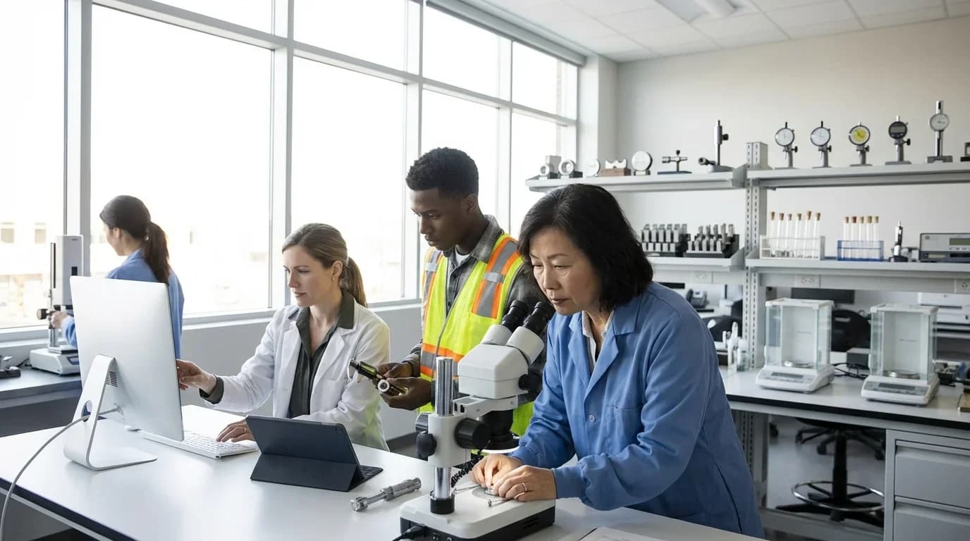 A diverse group of professionals in a laboratory setting, engaged in quality control tasks using microscopes and digital devices.