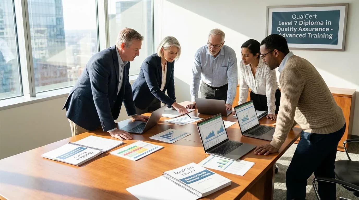 A diverse group of professionals collaborates around a table with laptops and documents, discussing quality assurance metrics in a bright office setting.