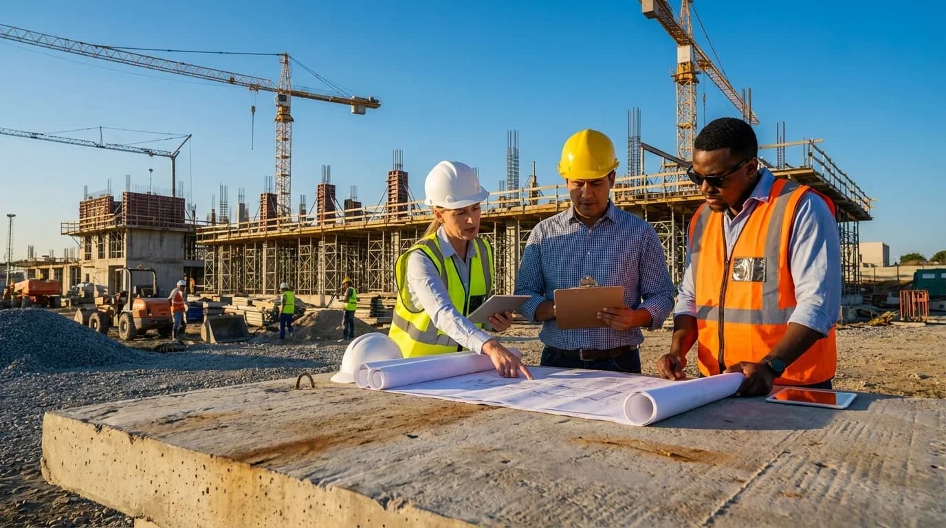 Three construction professionals review blueprints on a site, surrounded by cranes and building materials, emphasizing quality control in civil engineering.