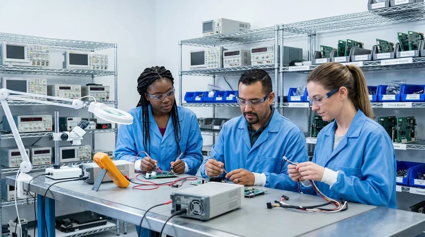 Three individuals in lab coats work collaboratively on electrical circuit boards in a well-equipped training lab, emphasizing hands-on quality control skills.
