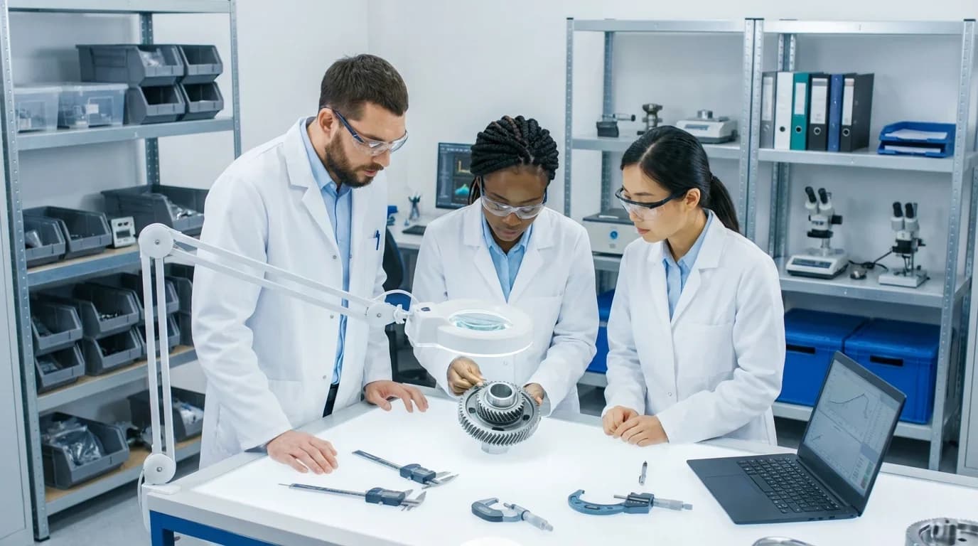 Three professionals in lab coats examine mechanical components on a table, surrounded by tools and equipment, emphasizing quality control training.
