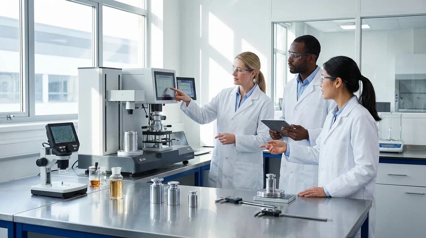 Three professionals in lab coats collaborate around advanced quality control equipment in a bright laboratory setting, emphasizing practical training in QC.