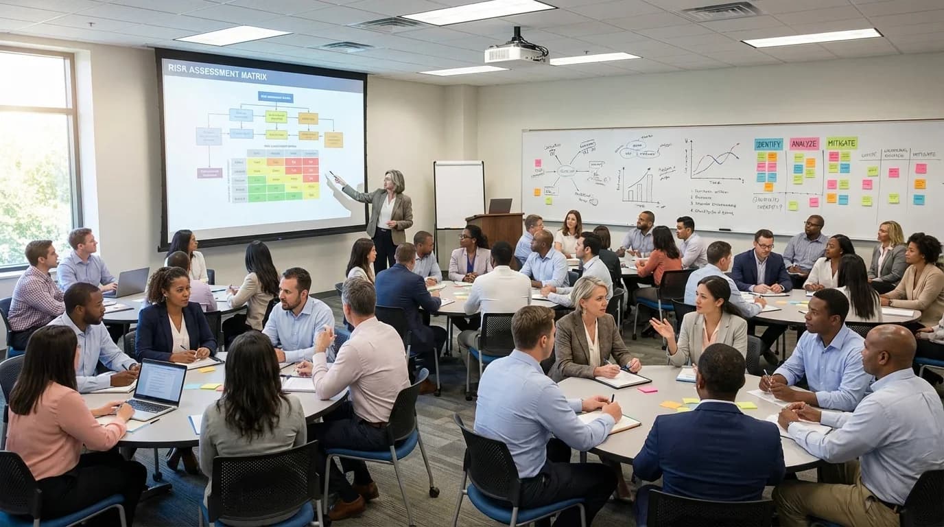 A diverse group of professionals engaged in a collaborative training session on risk management, with a presentation on a risk assessment matrix displayed.