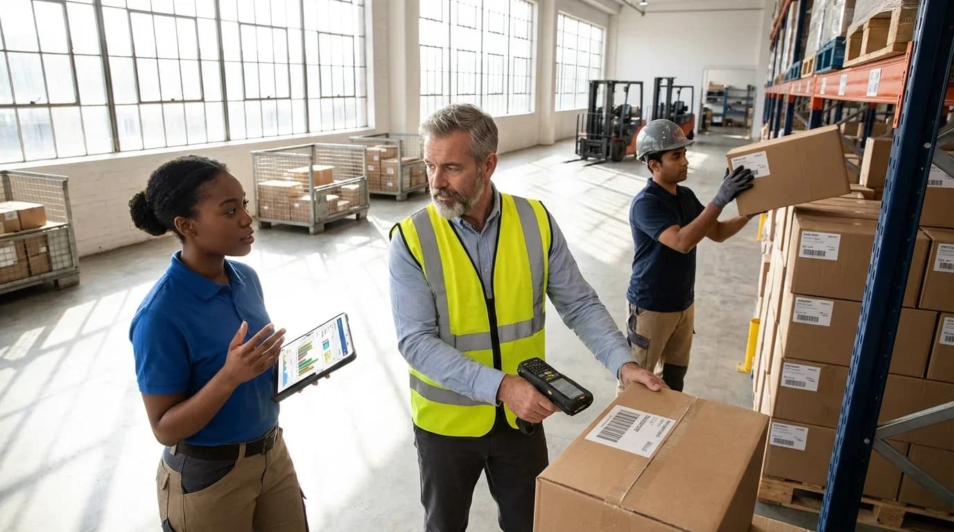 A diverse team in a warehouse collaborates on inventory management, using a tablet and scanner to enhance efficiency and training in logistics.