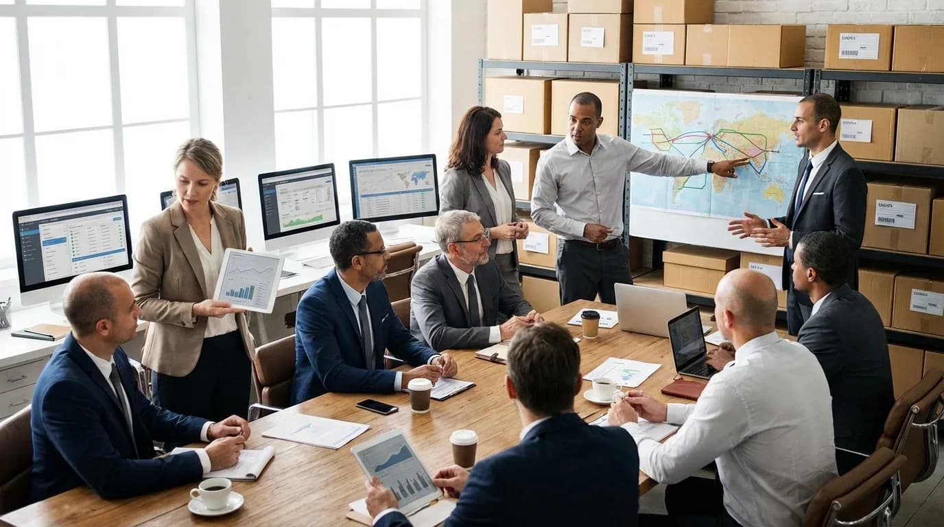 A diverse group of professionals in a meeting room discussing logistics strategies, with charts and maps displayed, emphasizing supply chain management.