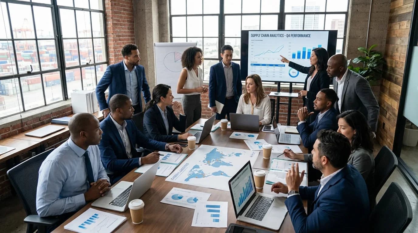 A diverse group of professionals collaborates in a modern meeting room, analyzing supply chain data on screens and documents, reflecting logistics training.
