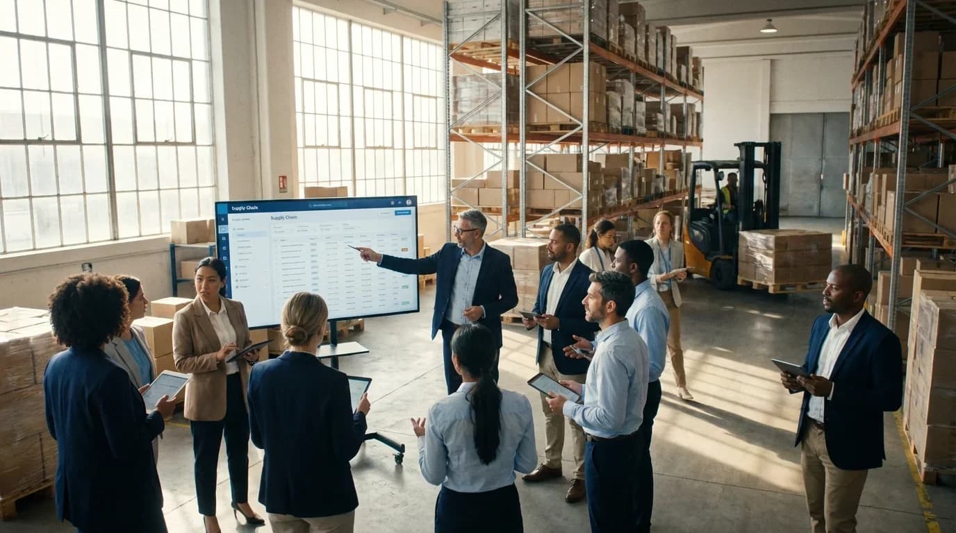 A diverse group of professionals engages in a logistics training session, discussing supply chain management strategies in a warehouse setting.