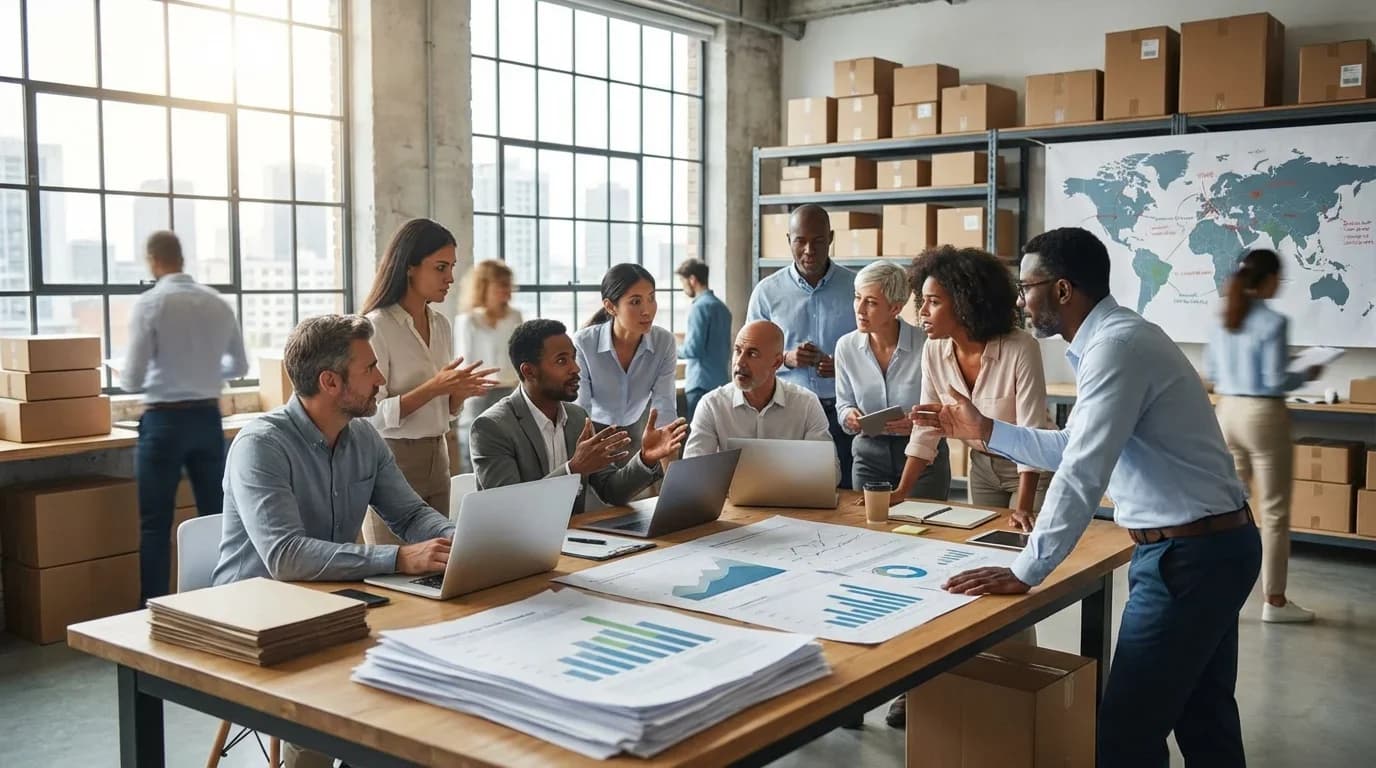 A diverse group of professionals collaborates around a table with laptops and charts, discussing logistics and supply chain strategies in a modern office.