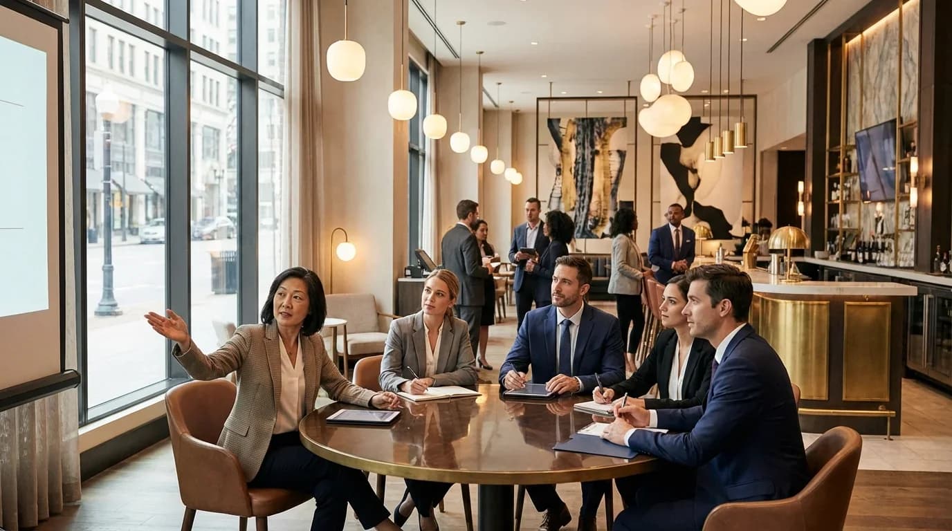 A diverse group of professionals engages in a meeting at a stylish venue, discussing tourism and hospitality management strategies.