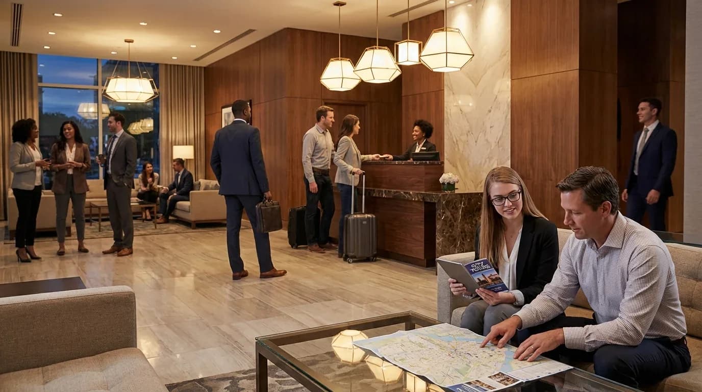 A modern hotel lobby scene with professionals engaging, discussing travel plans, and checking in, reflecting the tourism and hospitality management theme.
