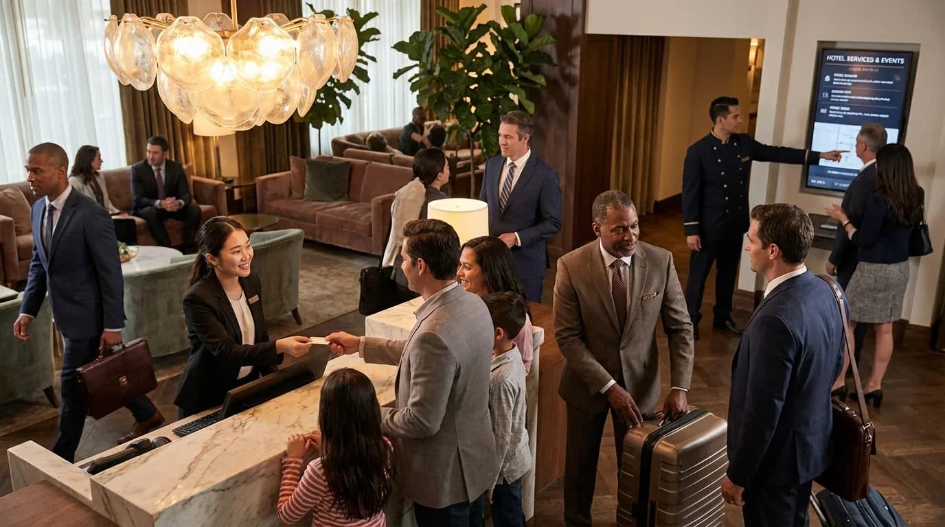 A busy hotel lobby scene with guests checking in, staff assisting, and a welcoming atmosphere, highlighting tourism and hospitality management.