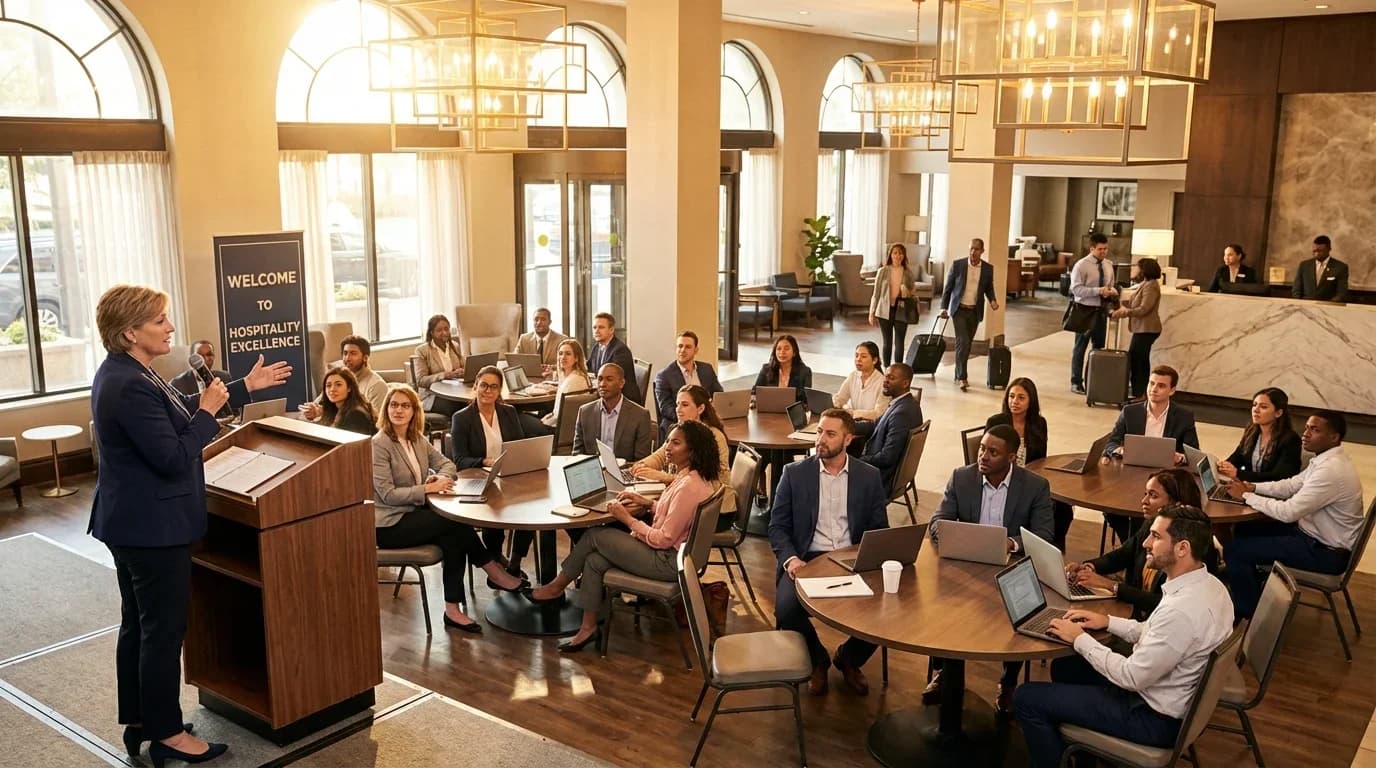 A professional training session in a modern venue, featuring an instructor addressing a diverse group of engaged participants with laptops.