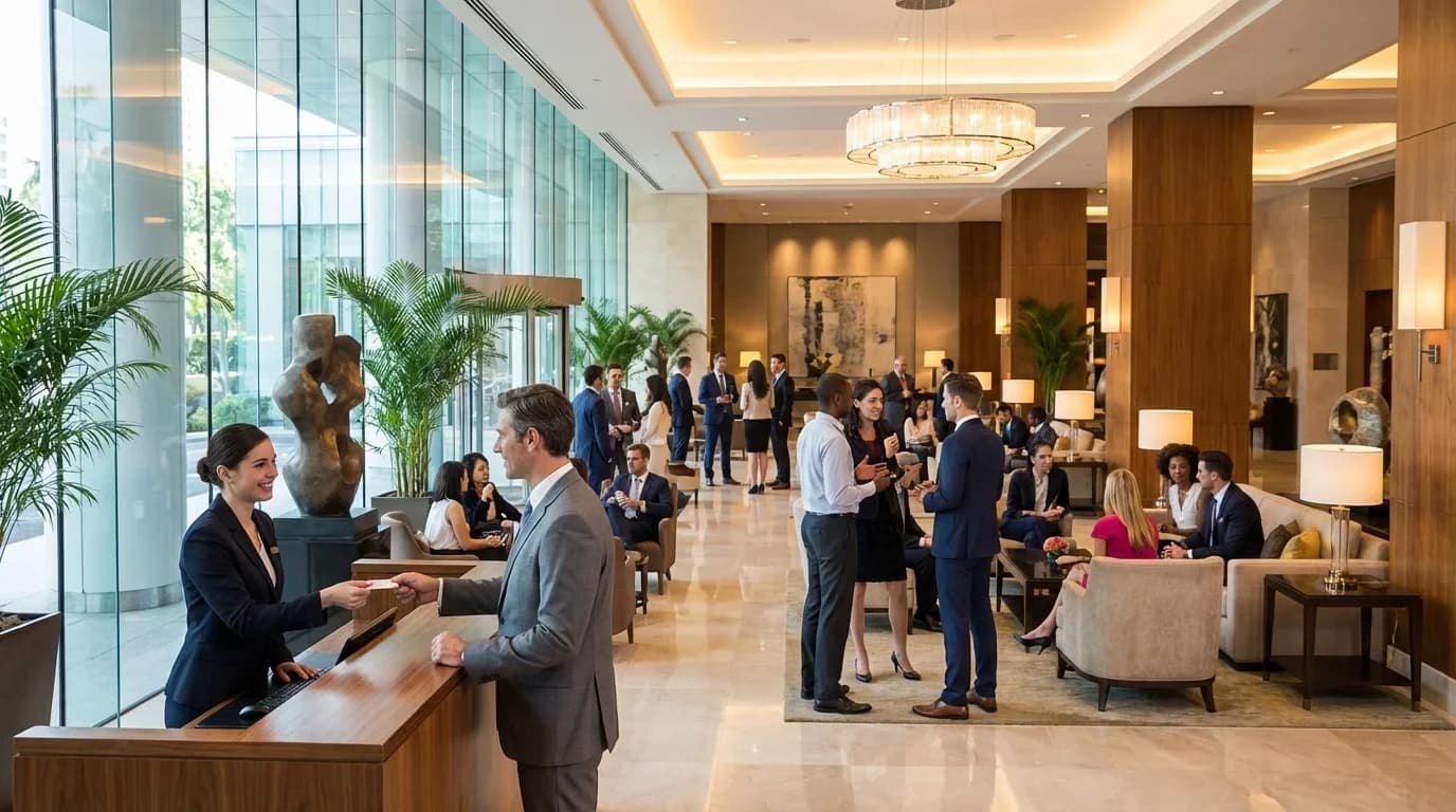 A busy hotel lobby with professionals networking, a receptionist assisting a guest, reflecting the dynamic environment of tourism and hospitality management.