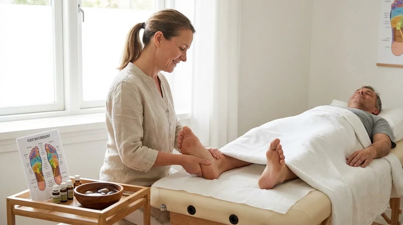 A practitioner performs reflexology on a client's foot in a serene therapy room, emphasizing the course's focus on applied reflexology techniques.